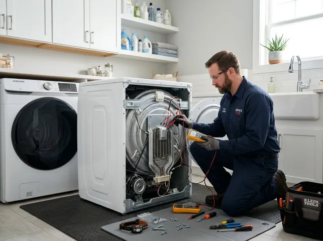 Appliance Repair Hero technician checking a dryer heating element with the rear panel off in Bohemia, NY