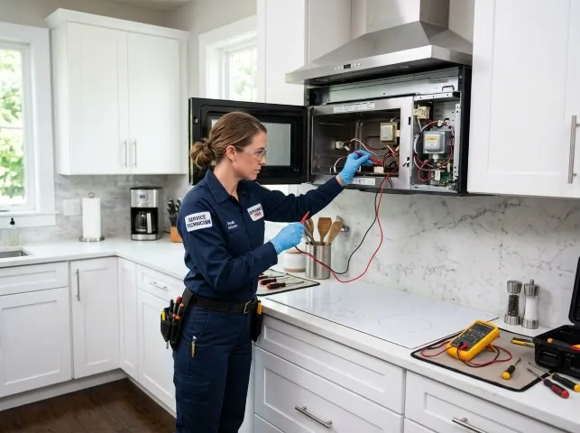 Appliance Repair Hero technician testing an over-the-range microwave in a Bohemia, NY kitchen