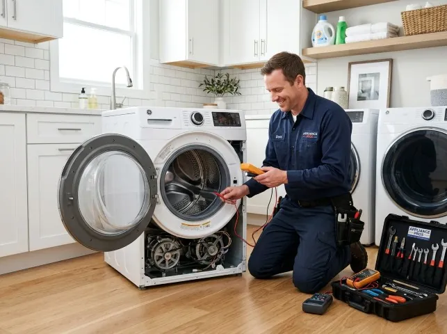 Appliance Repair Hero technician testing a front-load washer with a multimeter on a Bohemia, NY service call